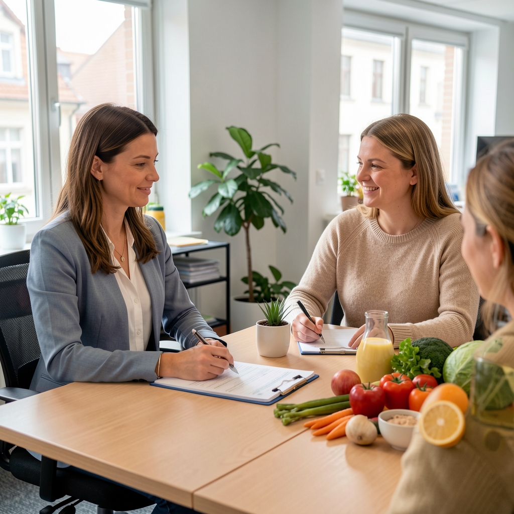 Ernährungsberaterin mit Klientin am Tisch in modernem Zürcher Büro, Ernährungsplan und frische Lebensmittel auf dem Tisch