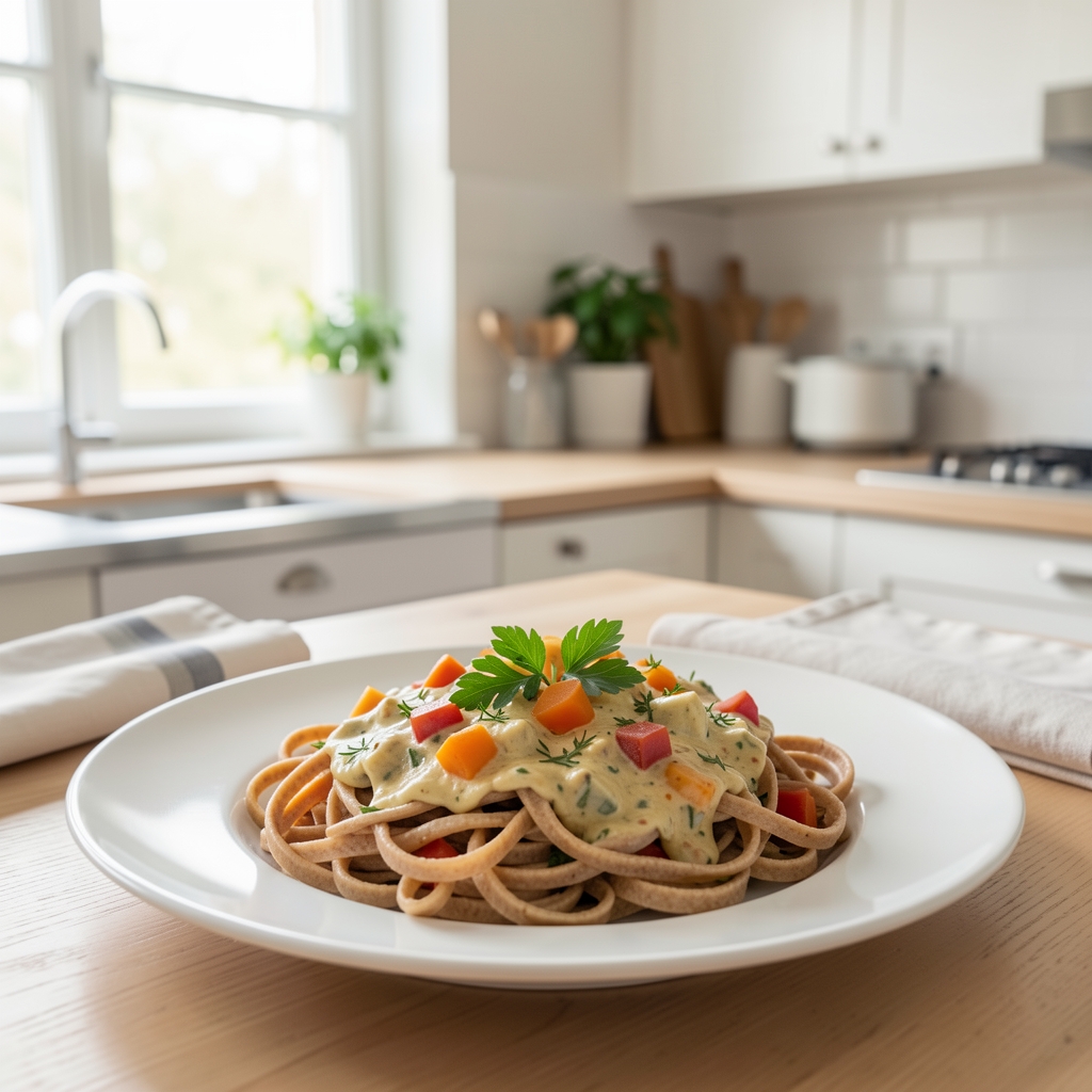 Selbstgekochte gesunde Mahlzeit in einer hellen Küche, Vollkornnudeln mit Gemüsesauce und Kräutern auf einem Teller