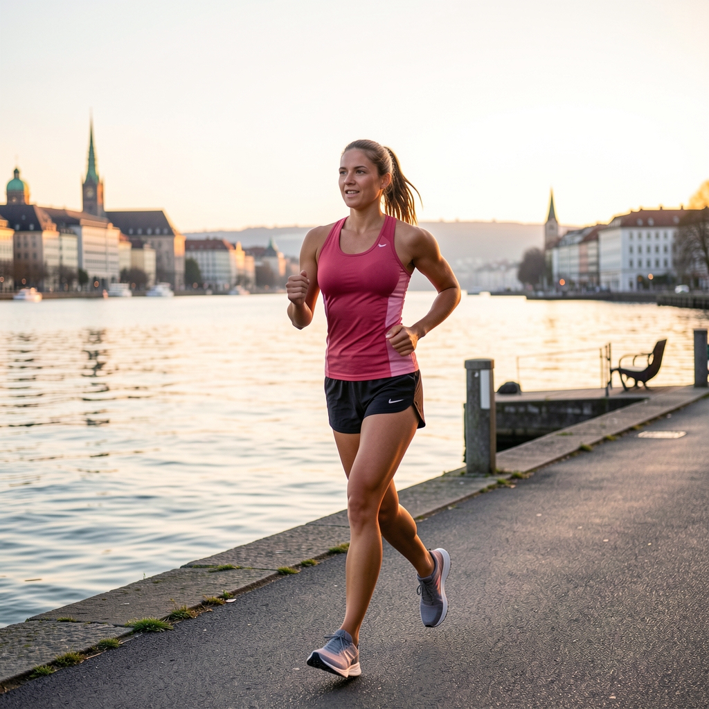 Frau beim morgendlichen Joggen entlang des Zürichsees, aktiver Lebensstil bei Sonnenaufgang, sportliche Kleidung